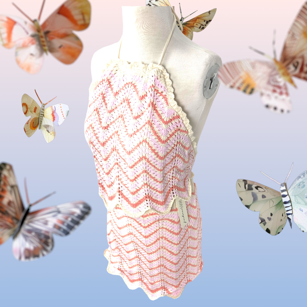 Women’s Crochet 2 Piece Set Skirt Cropped Top Backless Pink Orange Beige New WT - Picture 11 of 16